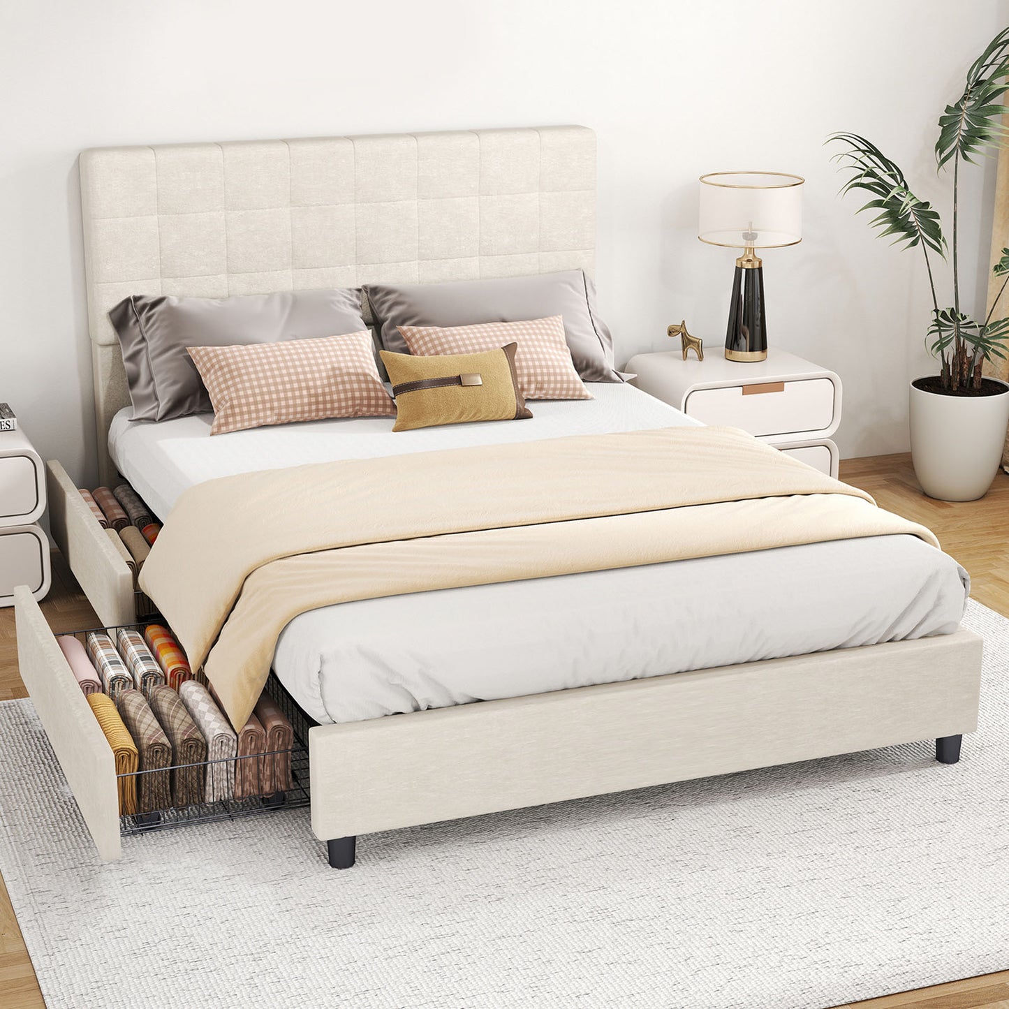 Bed Frame Upholstered Vertical Channel Headboard With 4 Storage