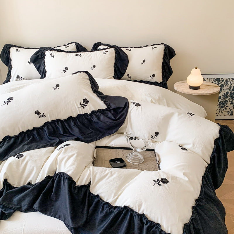 Embroidery Bedding Set with Washed Cotton and Brushed Hair - Four Piece Bed Linen