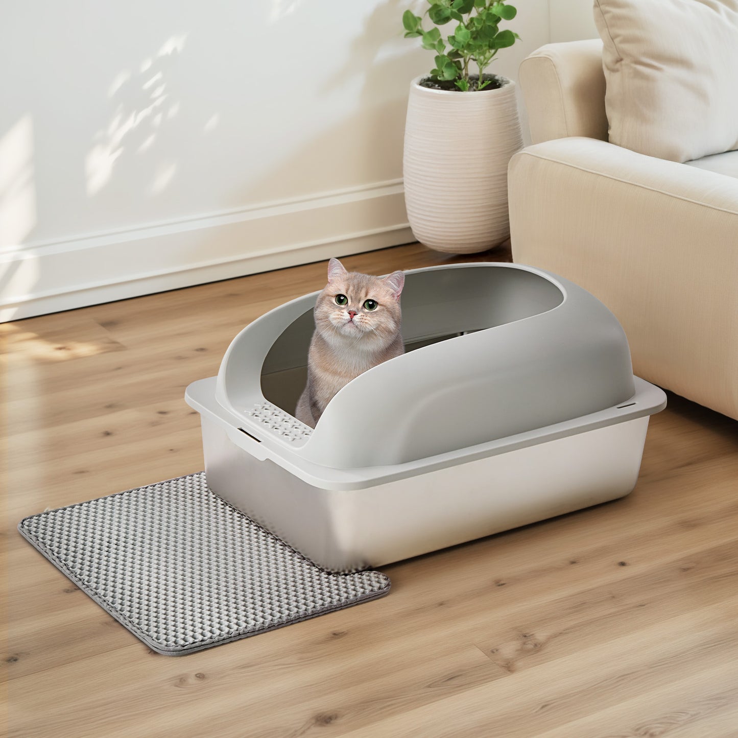 Large Stainless Steel Cat Litter Box with Lid, Odor-Free, Easy to Clean, Includes Scoop & Mat
