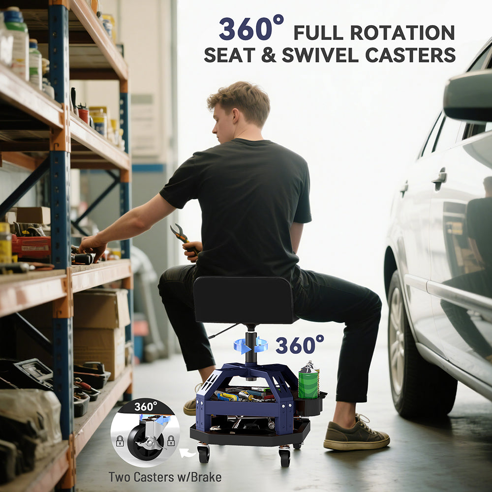 Adjustable Height Rolling Garage Stool with Tool Tray - 300 LBS Capacity, Blue
