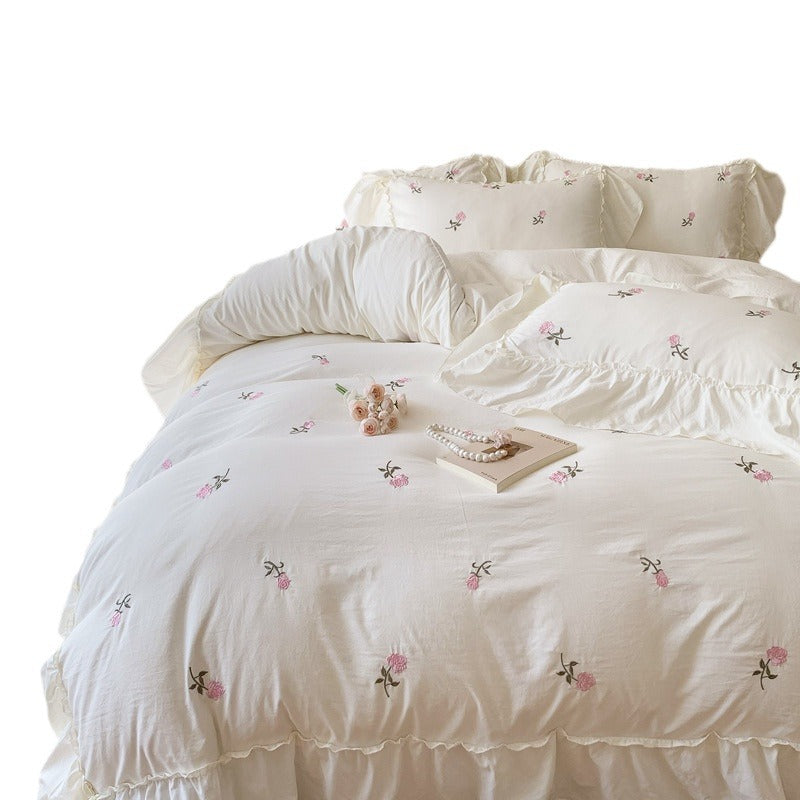 Embroidery Bedding Set with Washed Cotton and Brushed Hair - Four Piece Bed Linen