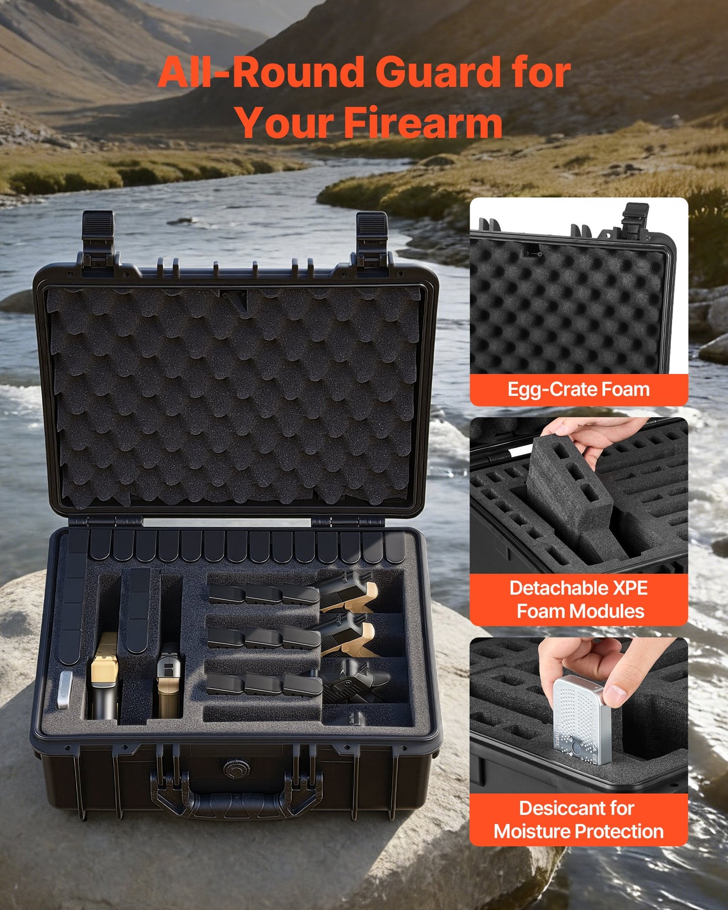Heavy Duty Waterproof Gun Case with Foam Interior and Lockable Latches - Black