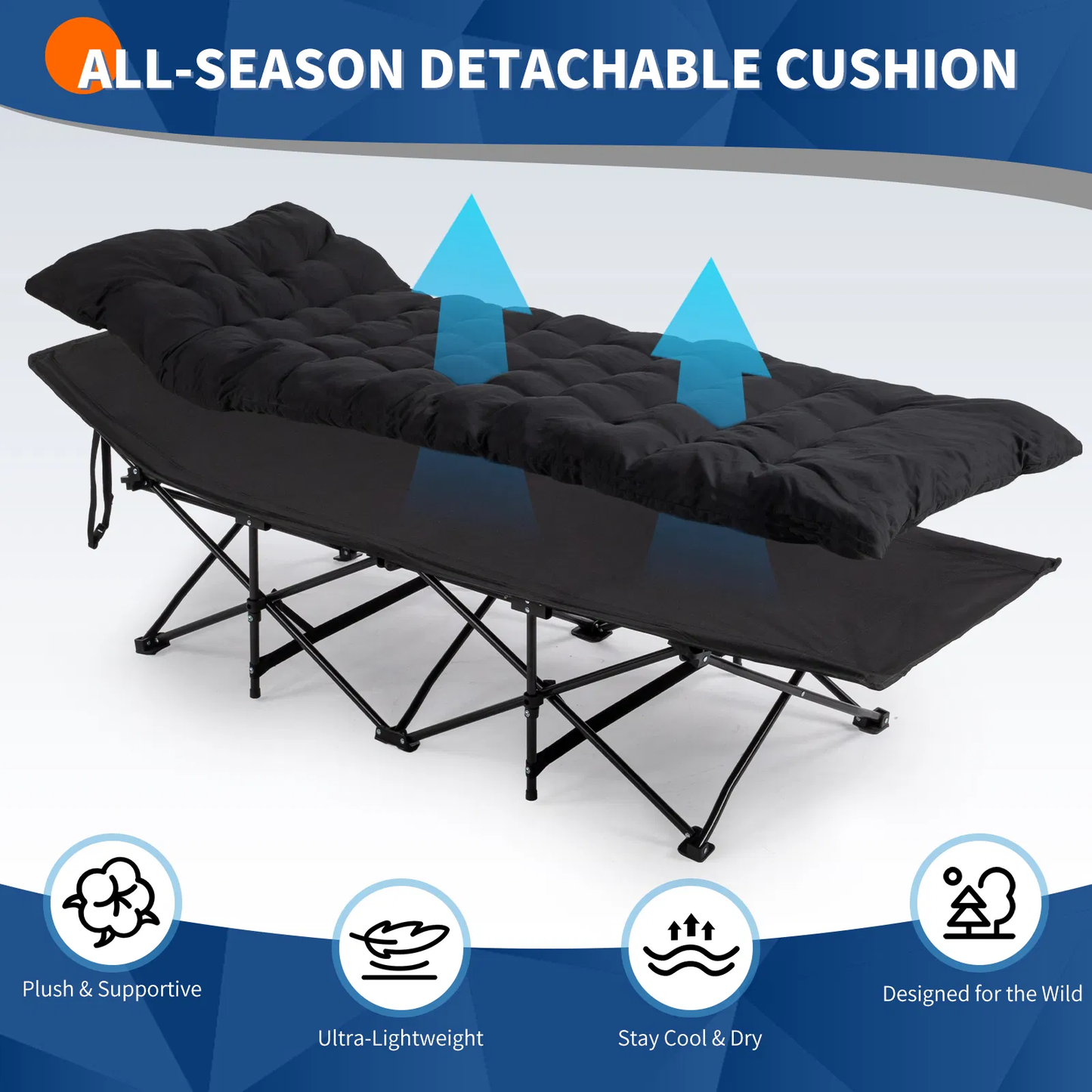 Folding Camping Cot Bed with Soft Pad - Portable Black Cot