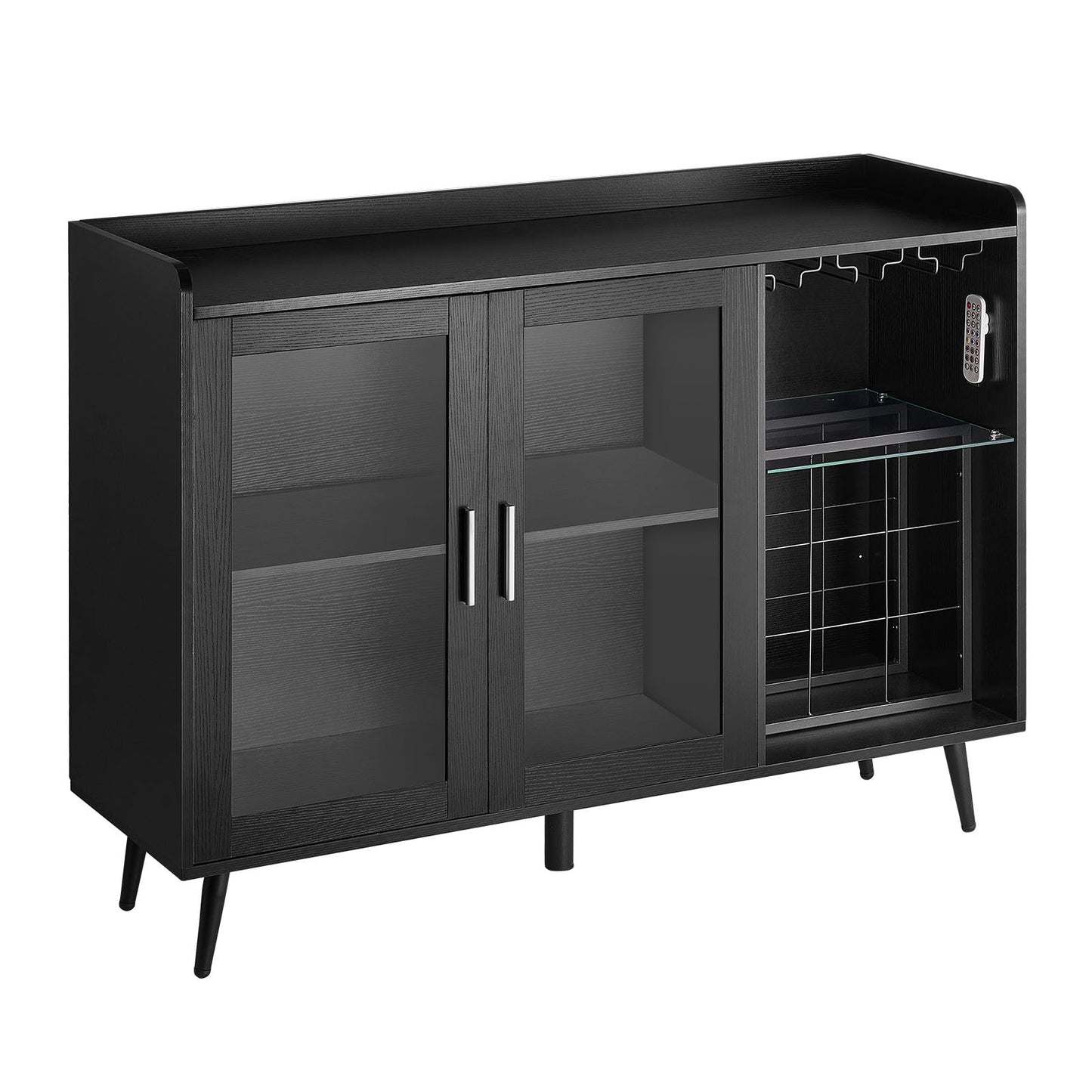 Wine Cabinet with 9 Bottle Racks & Glass Holder - Modern Buffet Sideboard, Black Wood Grain
