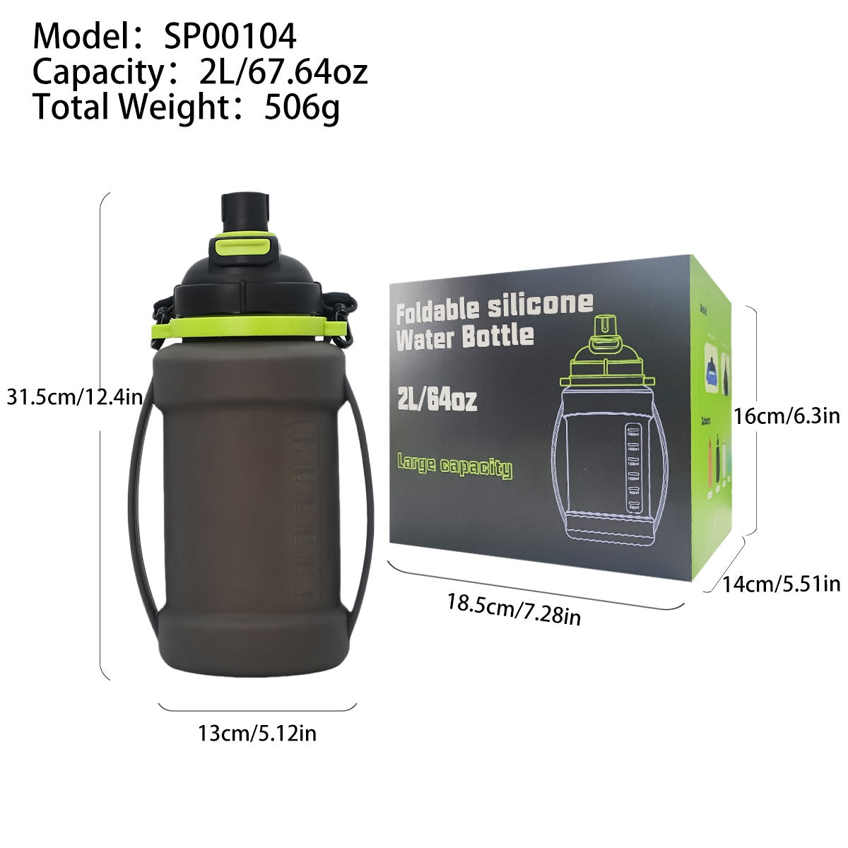 Large Capacity Foldable Sports Water Bottle 2L Silicone Portable Drinkware