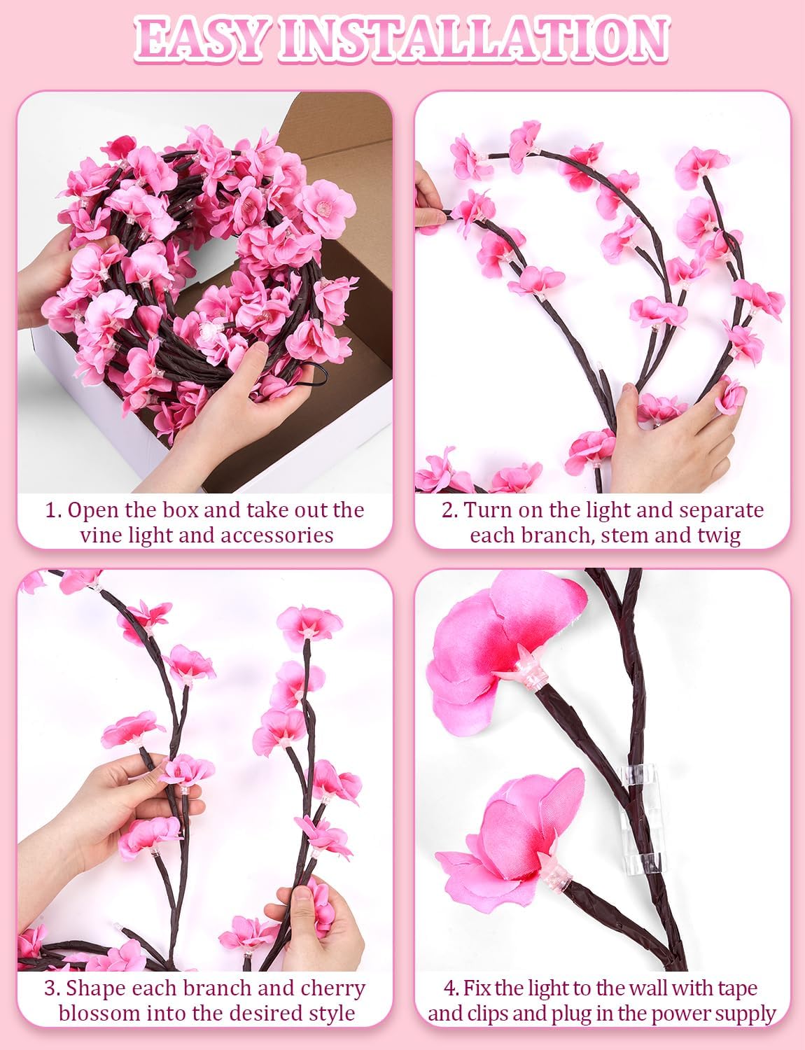 Cherry Blossom LED Tree Branch Wall Lights - 144 LED, 8 Modes, USB Powered, Indoor Decor