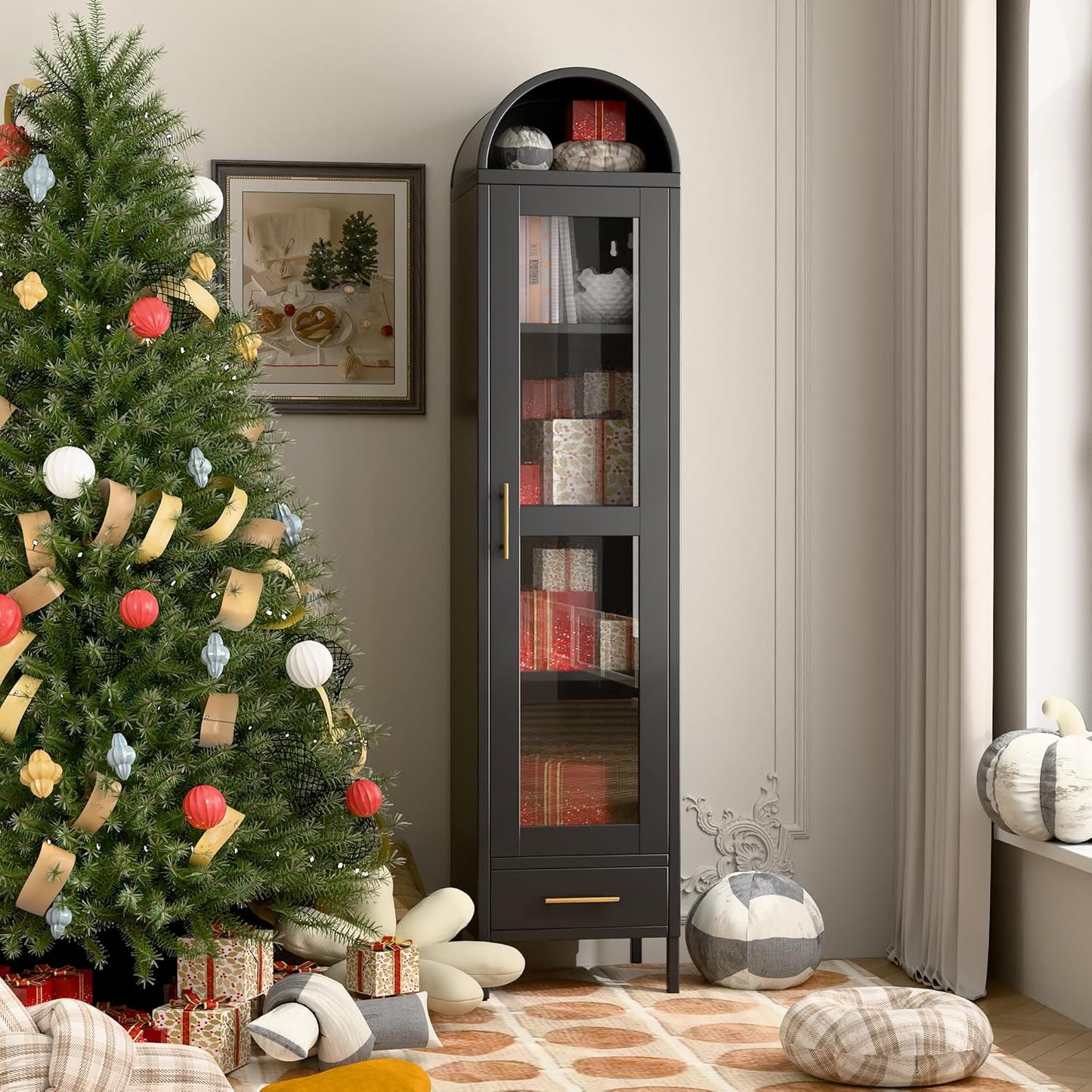 Metal Arched Bookcase Cabinet with Glass Doors & Drawer - Black