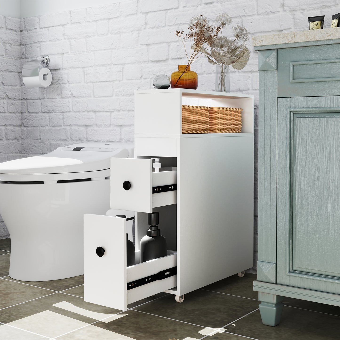 Slim Wooden Bathroom Cabinet with Deep Slide-Out Drawers