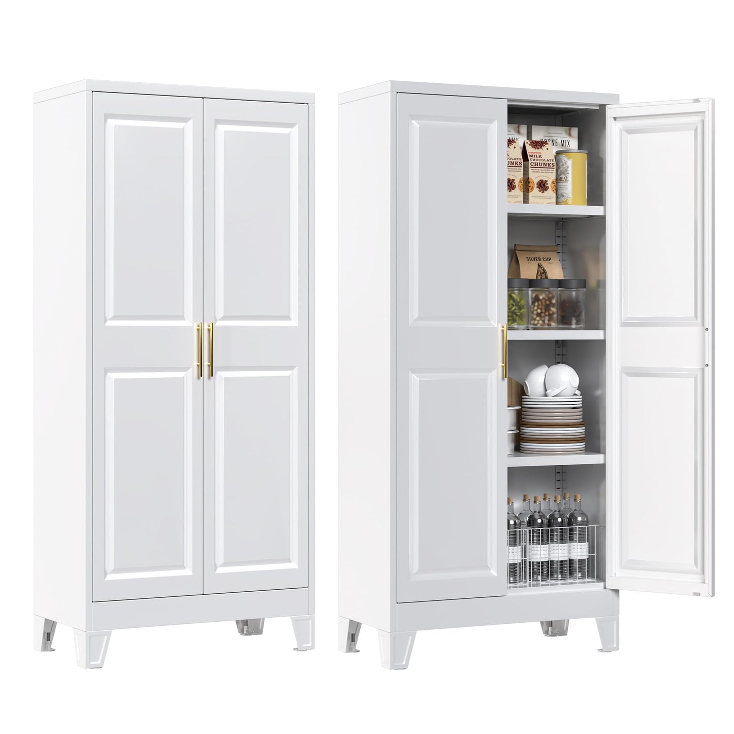 Metal Kitchen Pantry Cabinet with Adjustable Shelves - White
