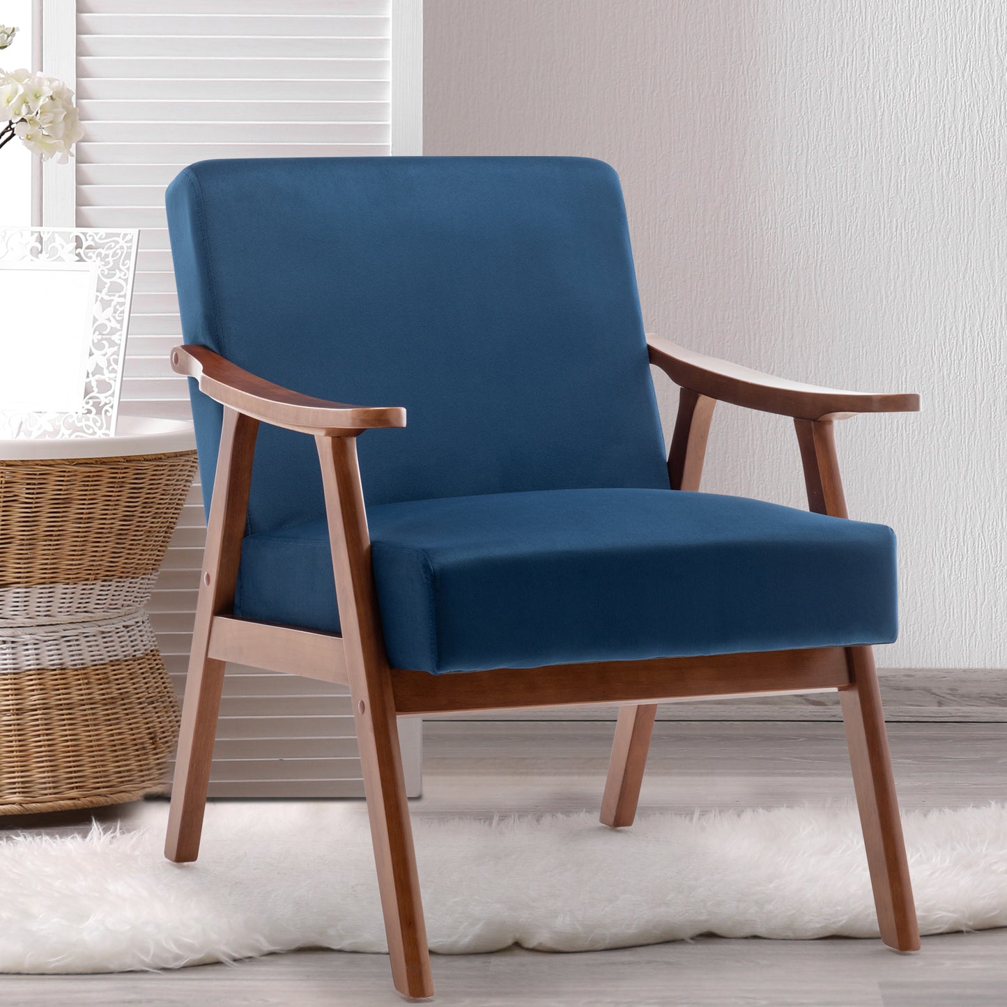 Mid-Century Modern Accent Chair - Blue Velvet Lounge Chair