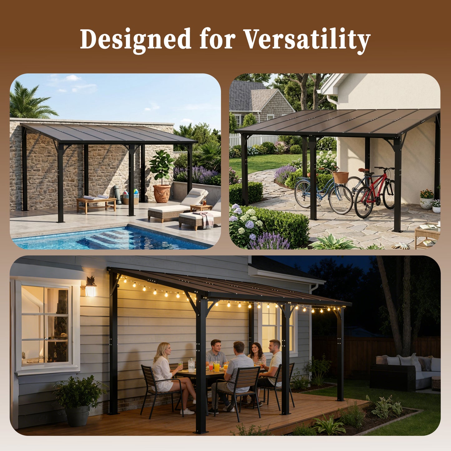 14x10 FT Hardtop Gazebo with Polycarbonate Roof - Brown