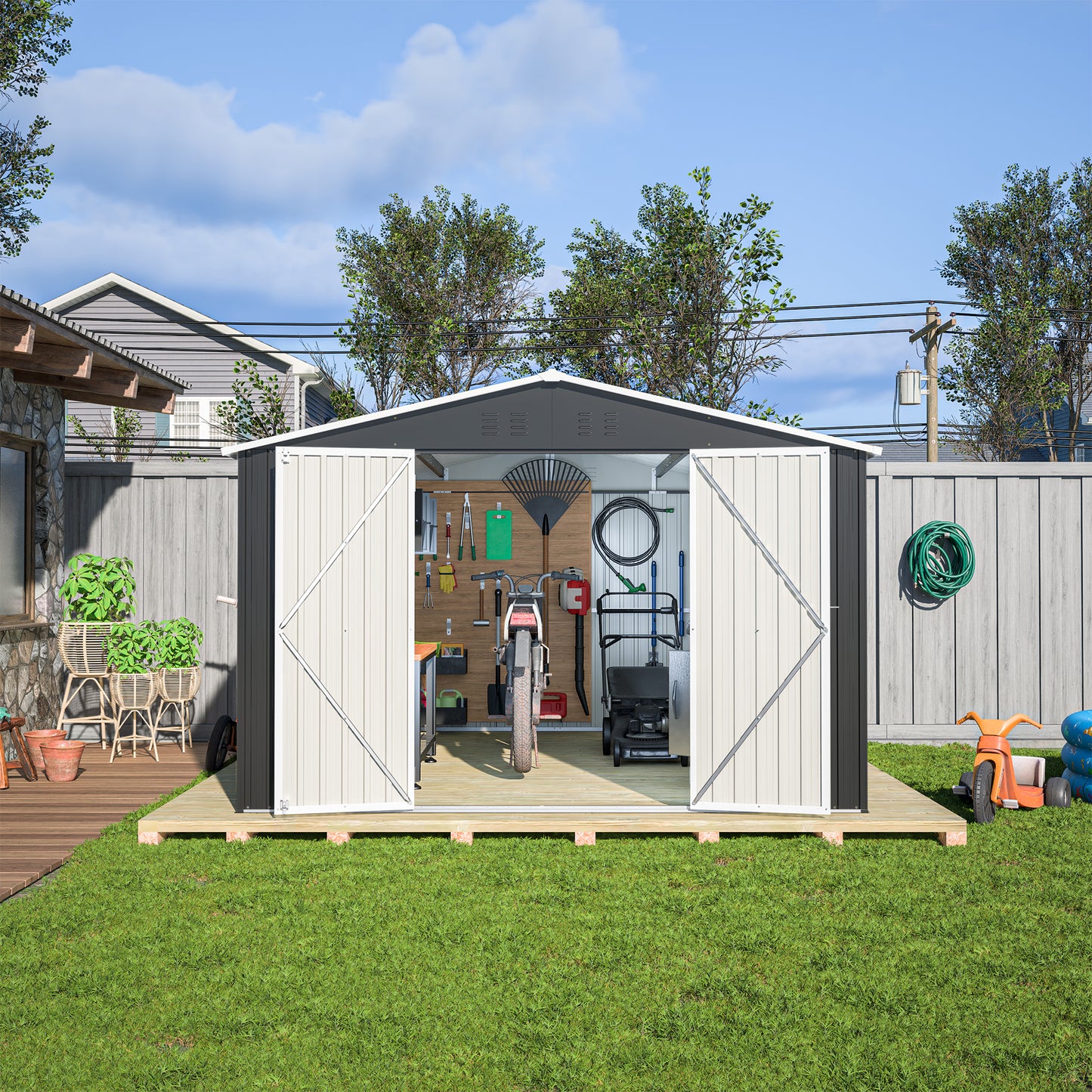 Metal Outdoor Storage Shed 10x12 FT with Lockable Doors - Black