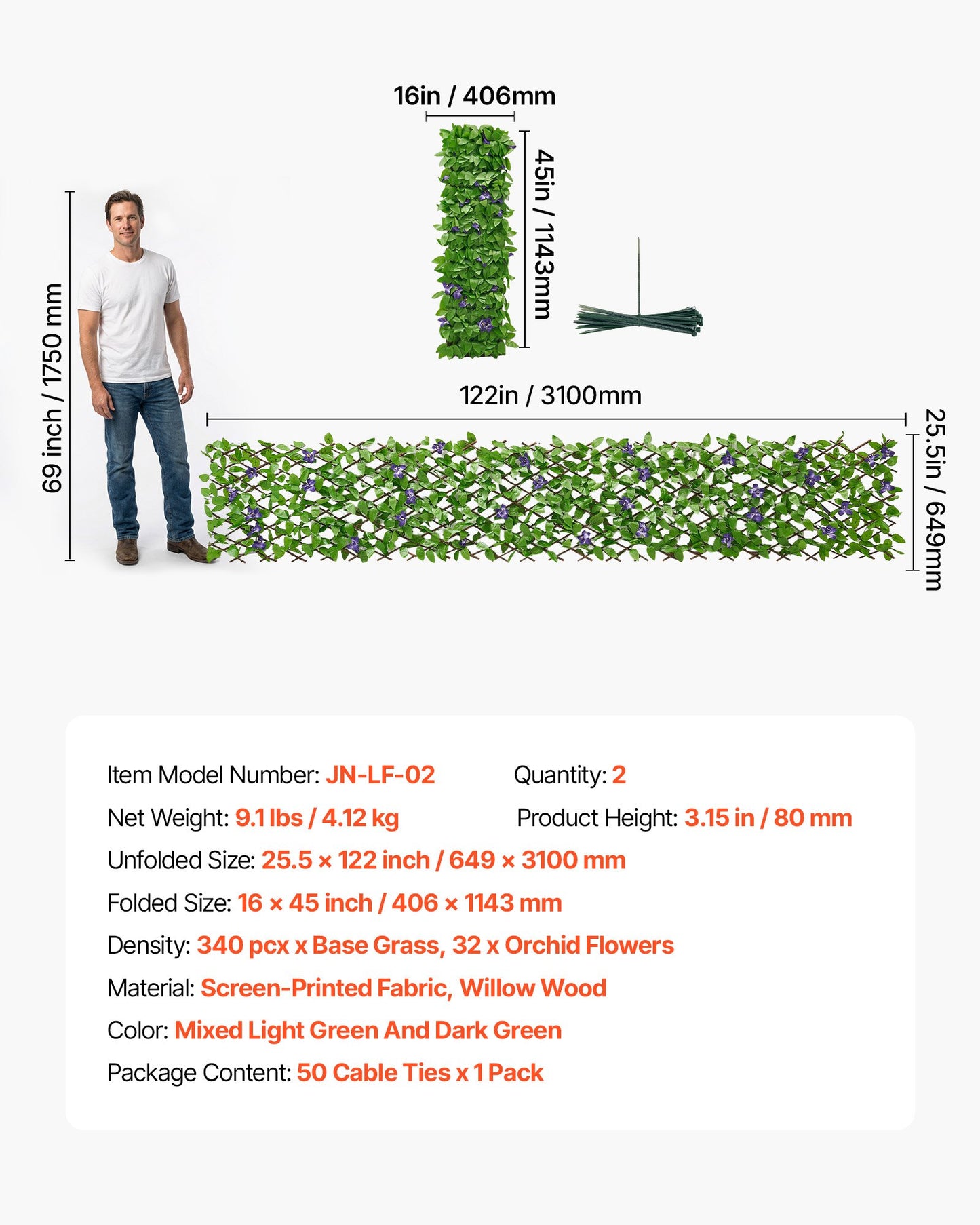 Expandable Privacy Fence Screen with Artificial Ivy Wall - Black 25.5x122 Inches