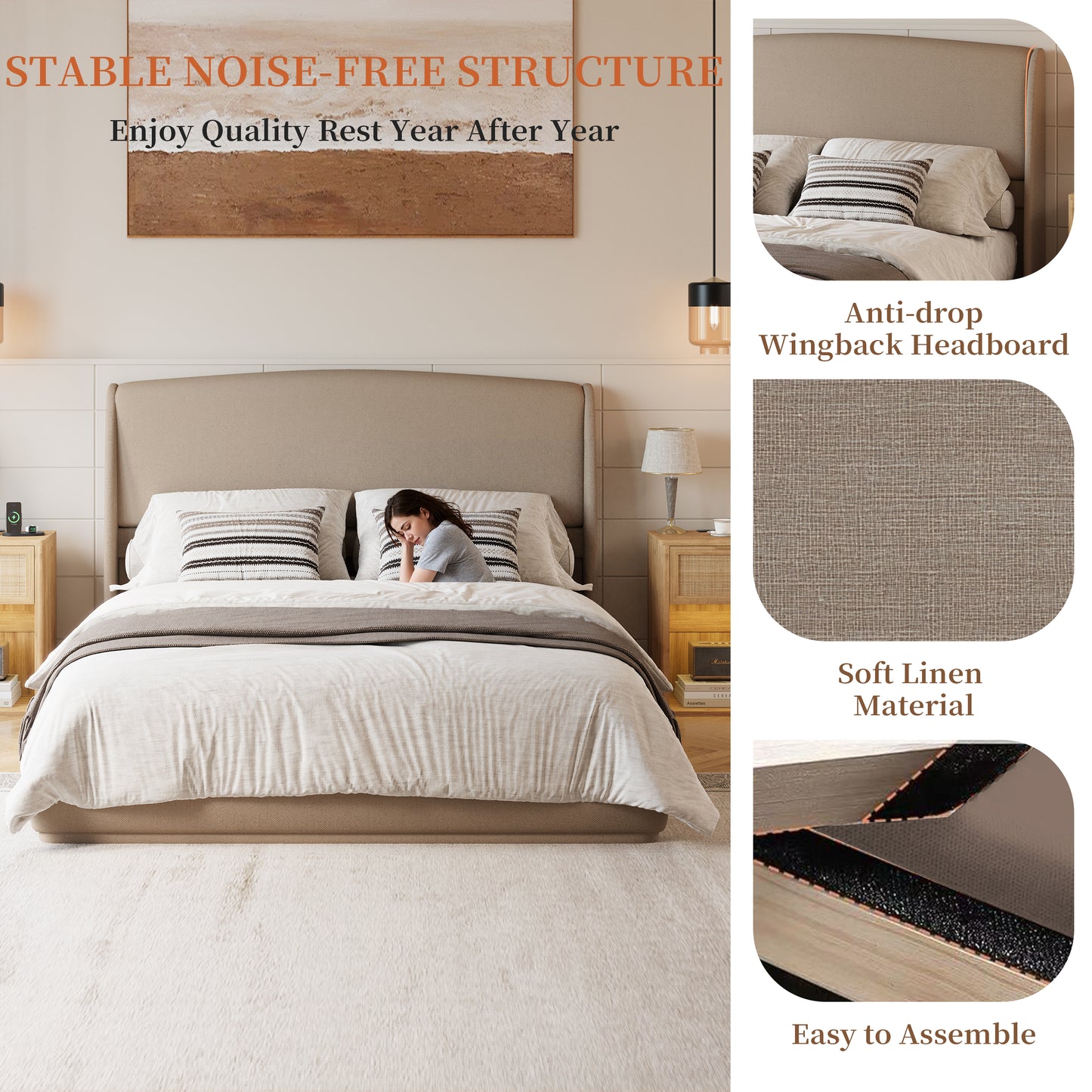 Upholstered Queen Bed Frame With Wingback Headboard, Low Profile