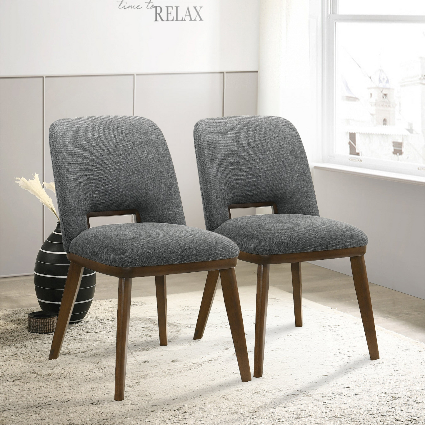 Modern Blake Dark Grey Fabric Dining Chair Set Of 2 With Walnut Wood