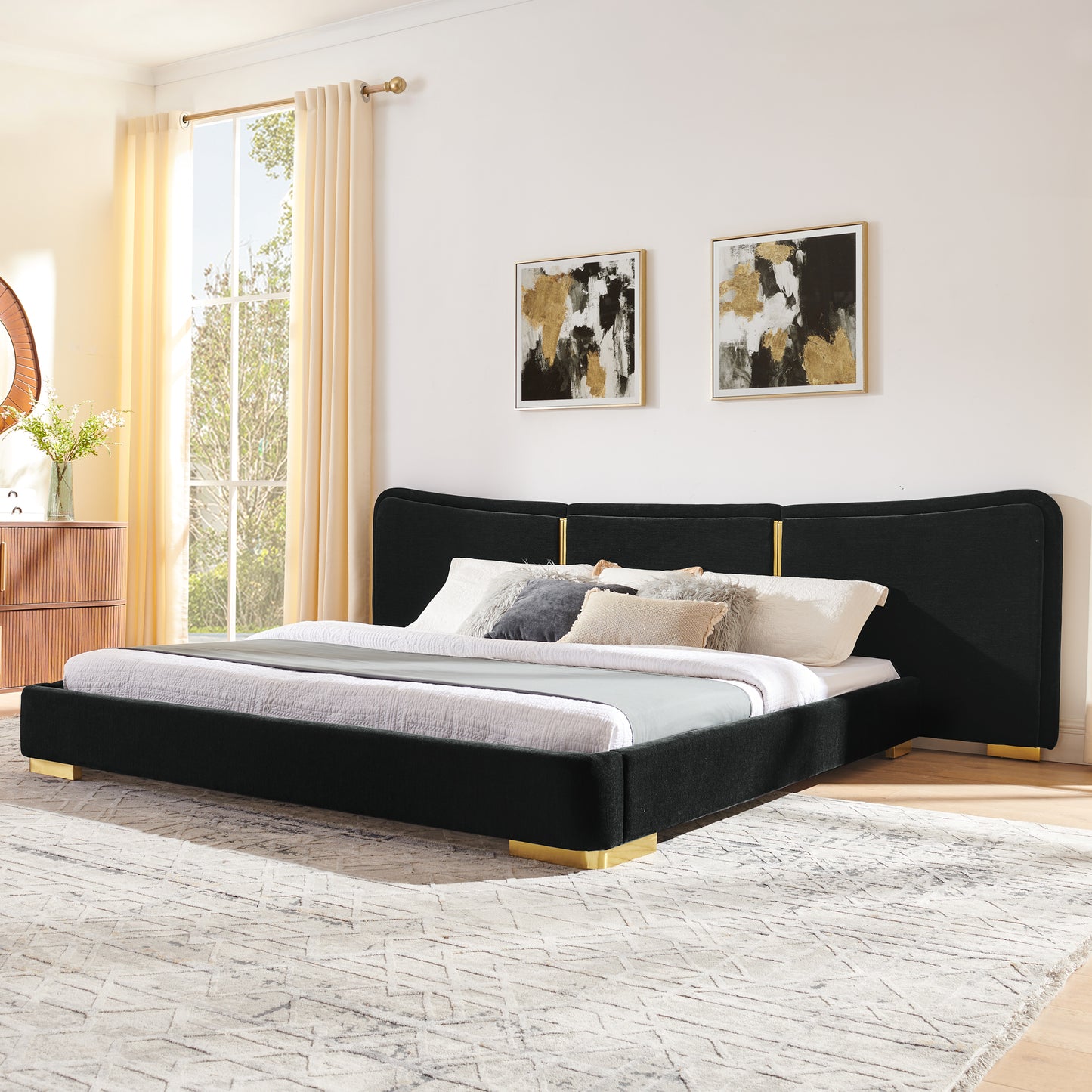 King Size Platform Bed with Soft Chenille Frame & Curved Headboard - Black