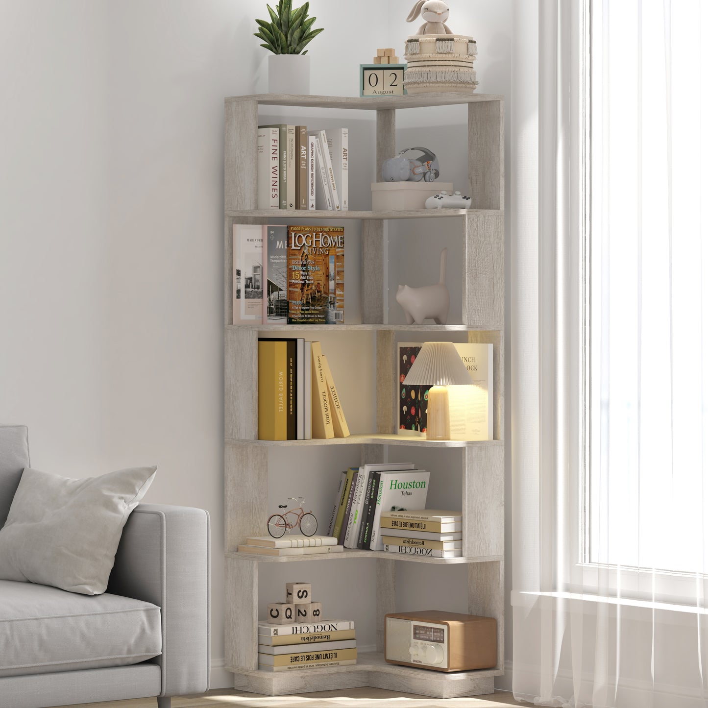 6 Tier Freestanding L-Shaped Corner Bookshelf For Living Room,