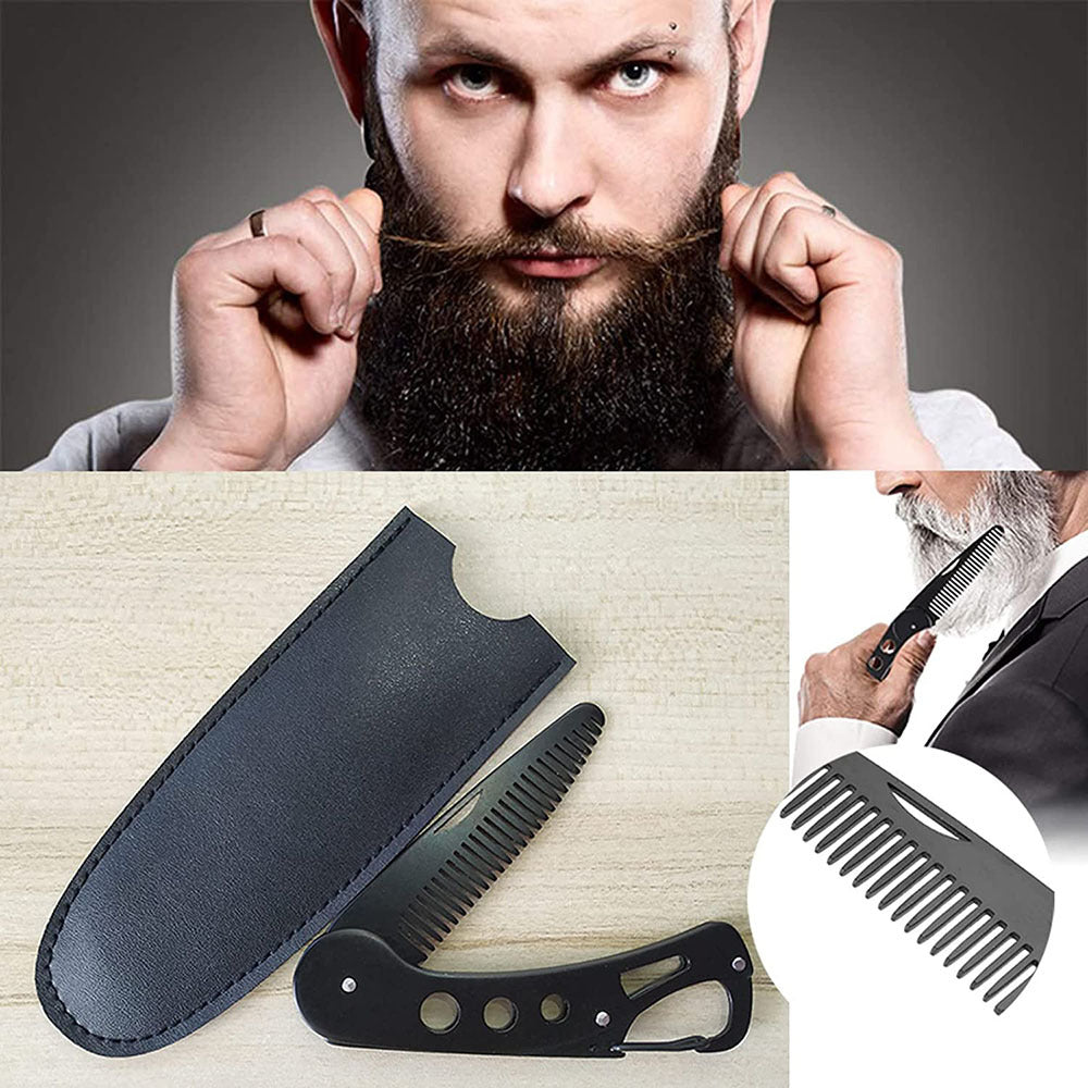 Stainless Steel Folding Beard Comb - Black