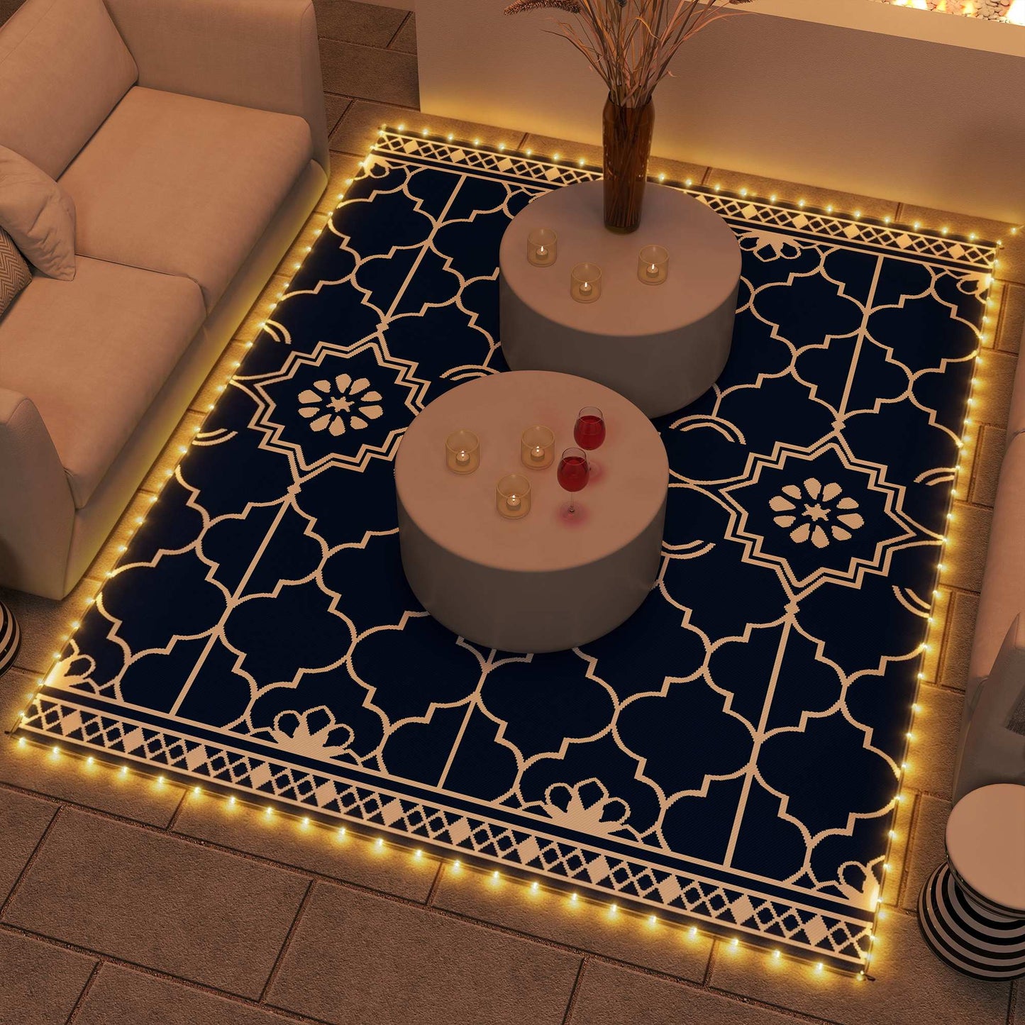 Reversible Outdoor Rug with LED Lights, 10x8 Waterproof Design