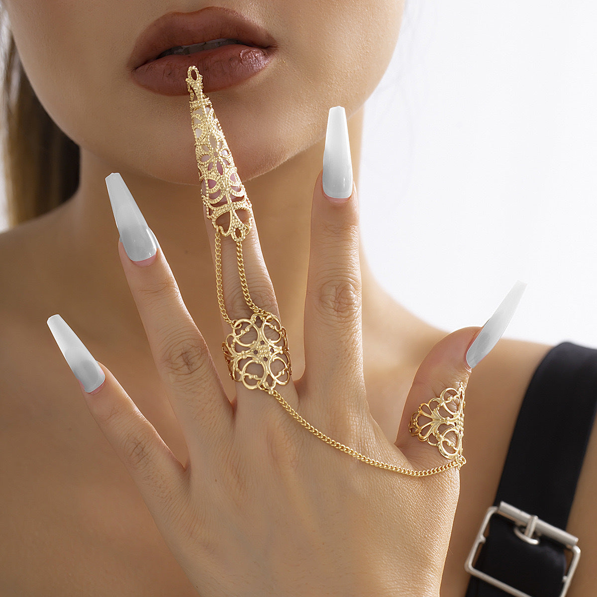 Gothic Style Hollow Tapered Fingernail Ring with Tassel and Geometric Design